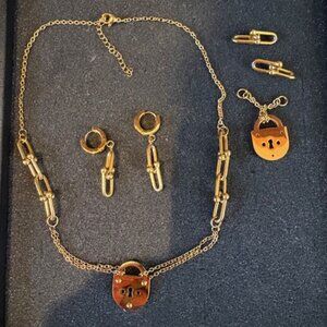 New Padlock Gold Tone Stainless Steel Necklace & Earrings Valentine's Day Set